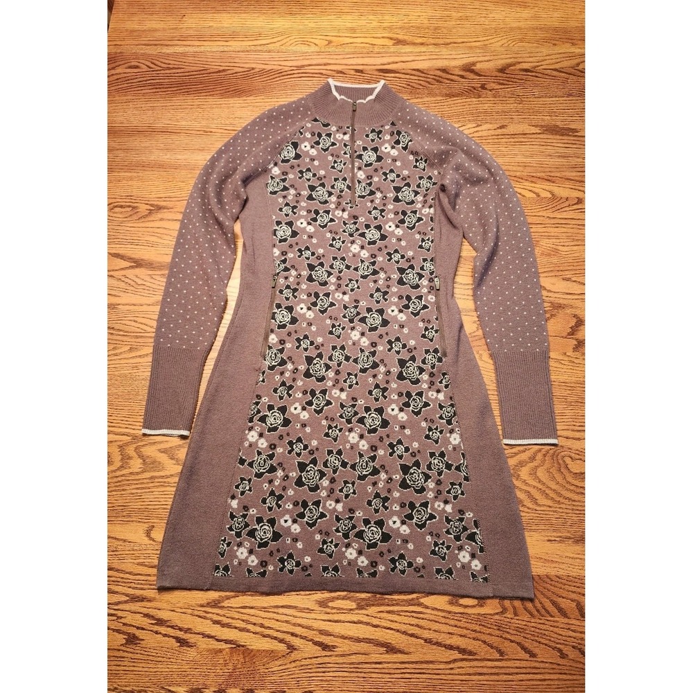 Title Nine Super Power 1/4 Zip Dress Layla Womens Small Brown Floral Wool Blend